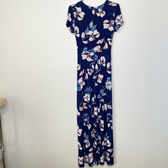 Eliza J Maxi Dress Sz 6 Faux Wrap Long Jersey Stretch Blue Floral Short Sleeve - Picture 14 of 15